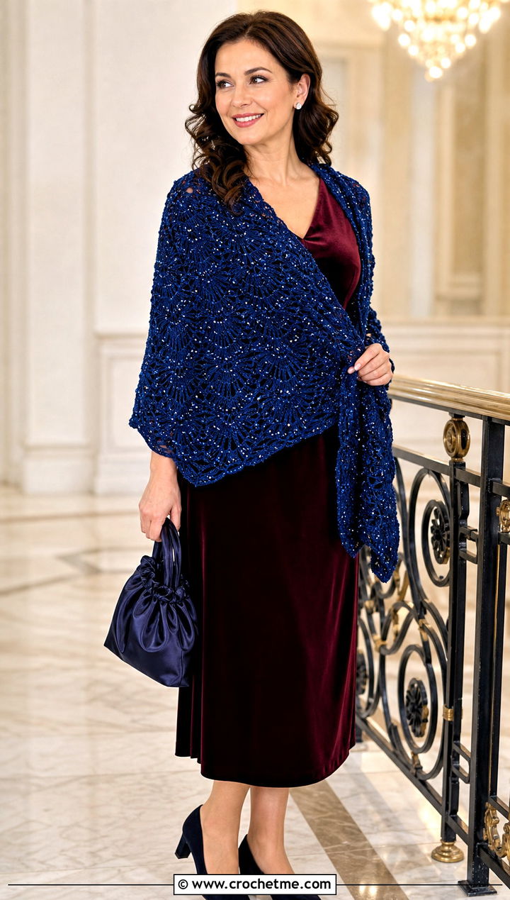 Beaded Virus Shawl With Velvet Dress - 35 crochet virus shawl outfit ideas