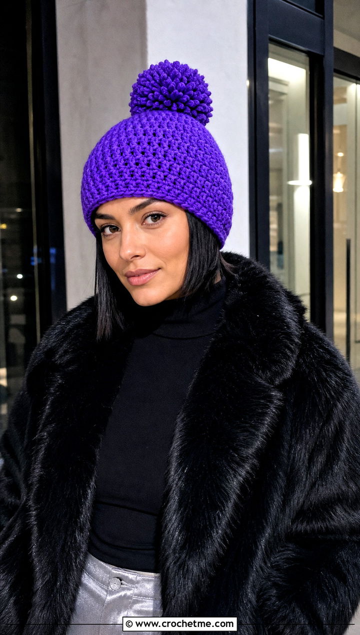Bean Stitch Pom Pom Beanie With Faux Fur Coat - 30 crochet beanie with pom pom outfit ideas