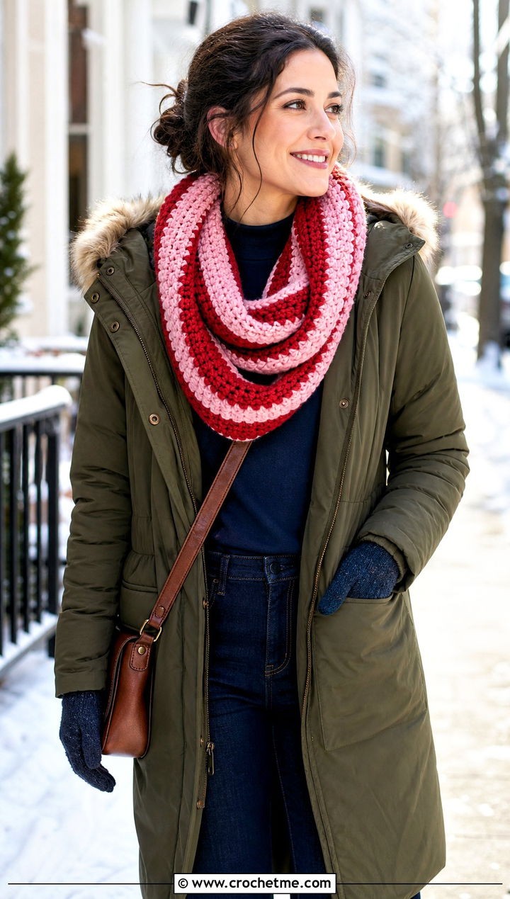 Bean Stitch Striped Crochet Infinity Scarf With Parka - 15 Striped Crochet Infinity Scarf outfit ideas