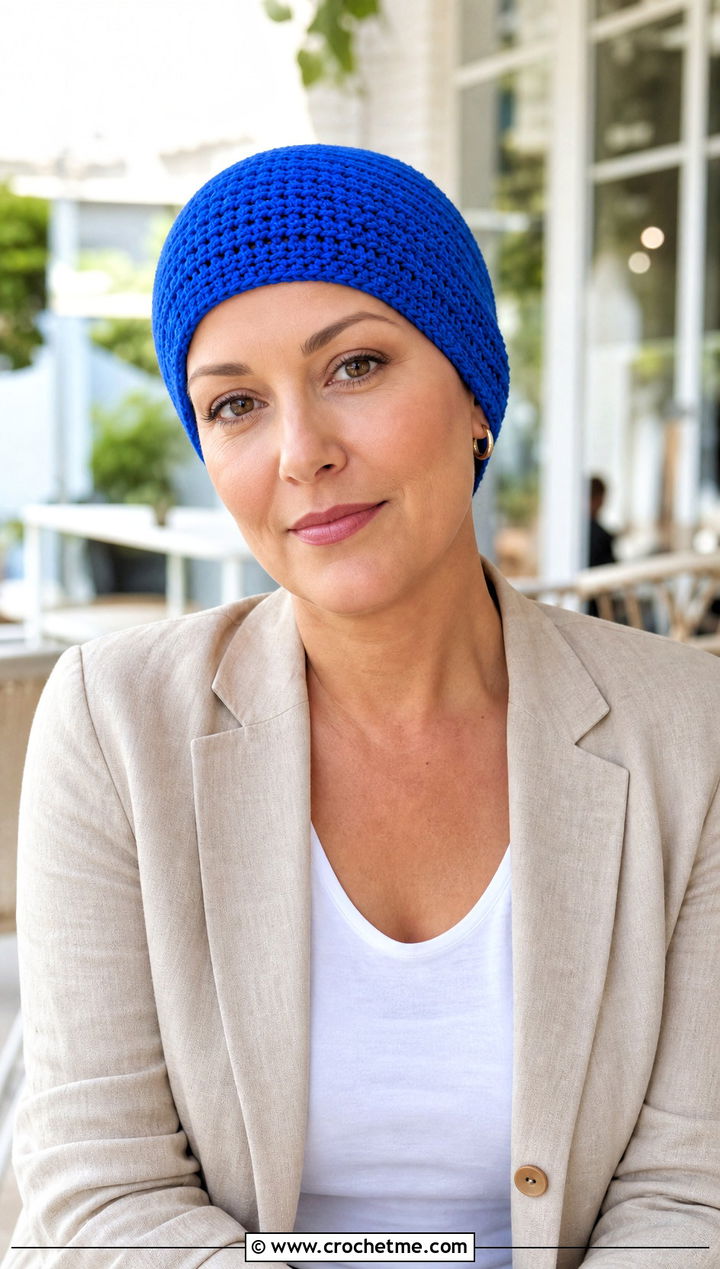 Beanie Crochet Chemo Cap With Blazer And Jeans - 20 Crochet Summer Chemo Caps outfit ideas