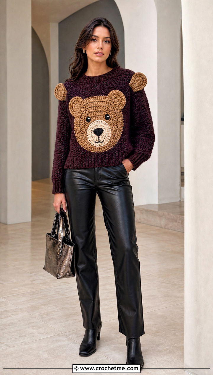 Bear Crochet Character Sweater With Leather Pants - 20 Crochet Character Sweater outfit ideas
