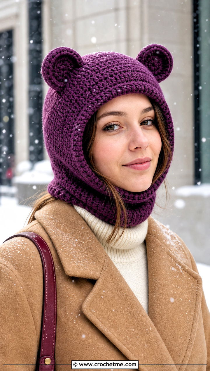 Bear Ear Crochet Balaclava With A Wool Coat - 30 funny crochet hat outfit ideas