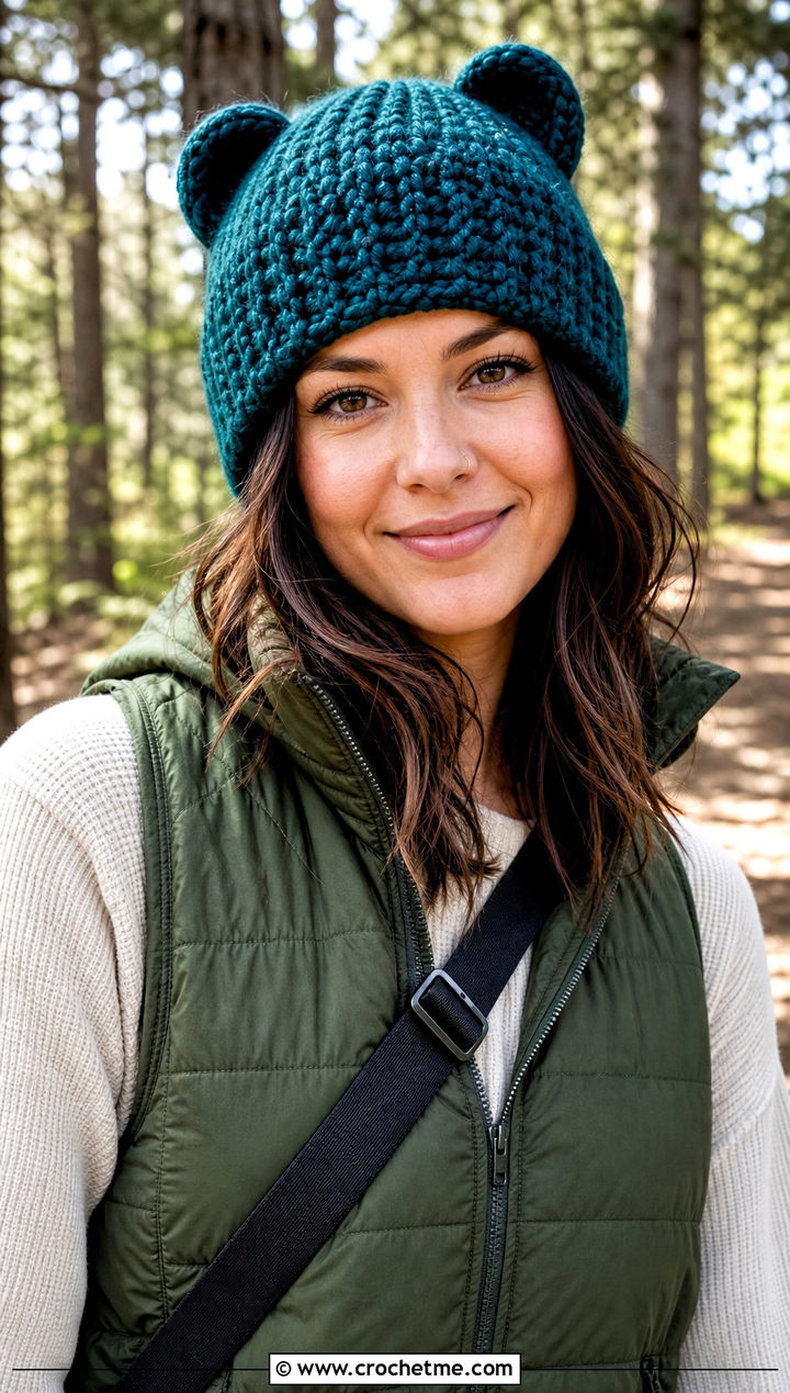 Bear Ear Crochet Beanie With Puffer Vest - 30 crochet funny hats outfit ideas