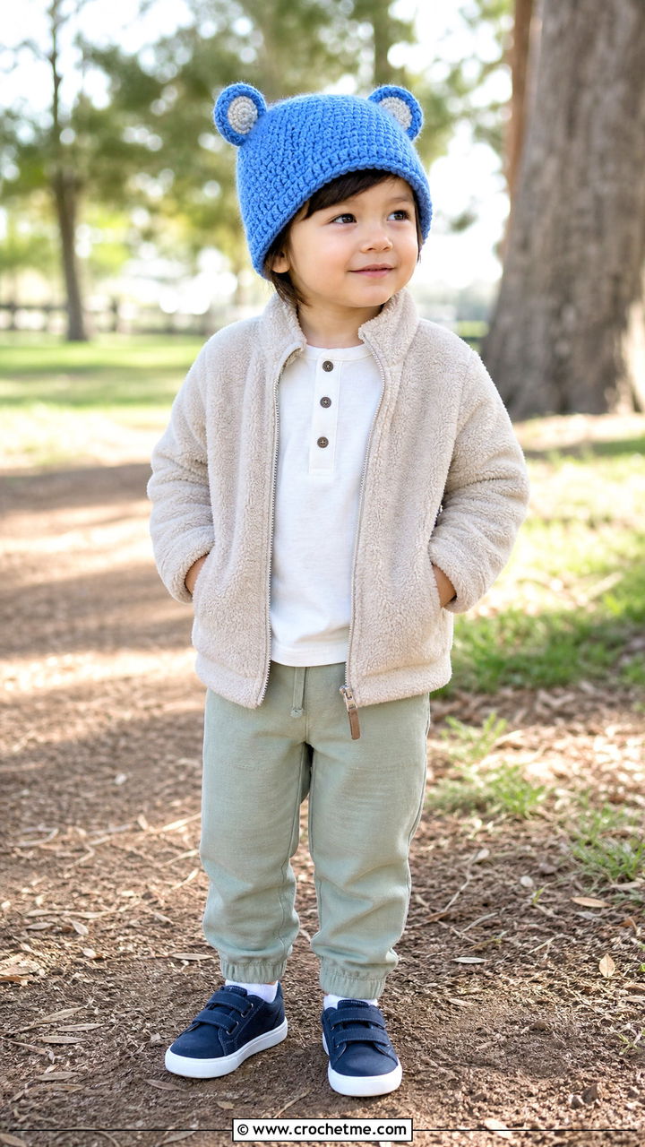 Bear Ear Crochet Hat With Fleece Jacket - 35 childrens crochet hats outfit ideas