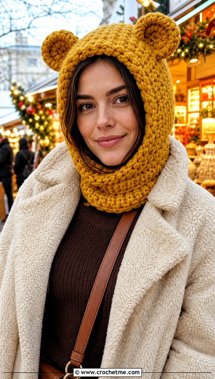 Bear Ear Hooded Crochet Balaclava With Teddy Coat - 30 hooded crochet balaclava outfit ideas