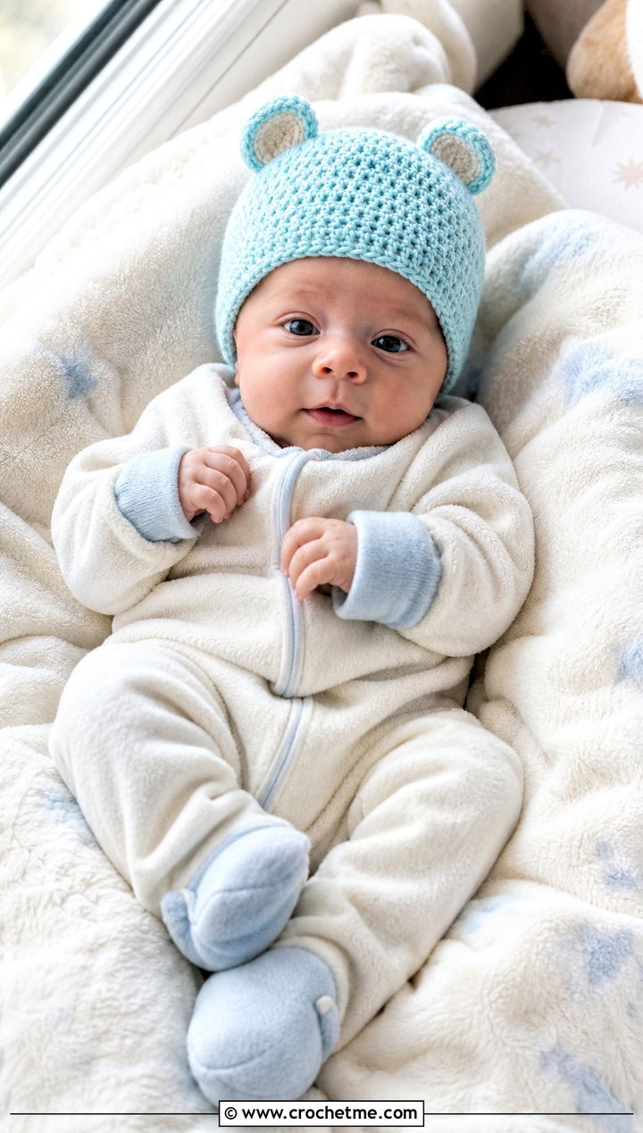 Bear Ear Preemie Crochet Hat With Fleece Romper - 25 premie crochet hat outfit ideas