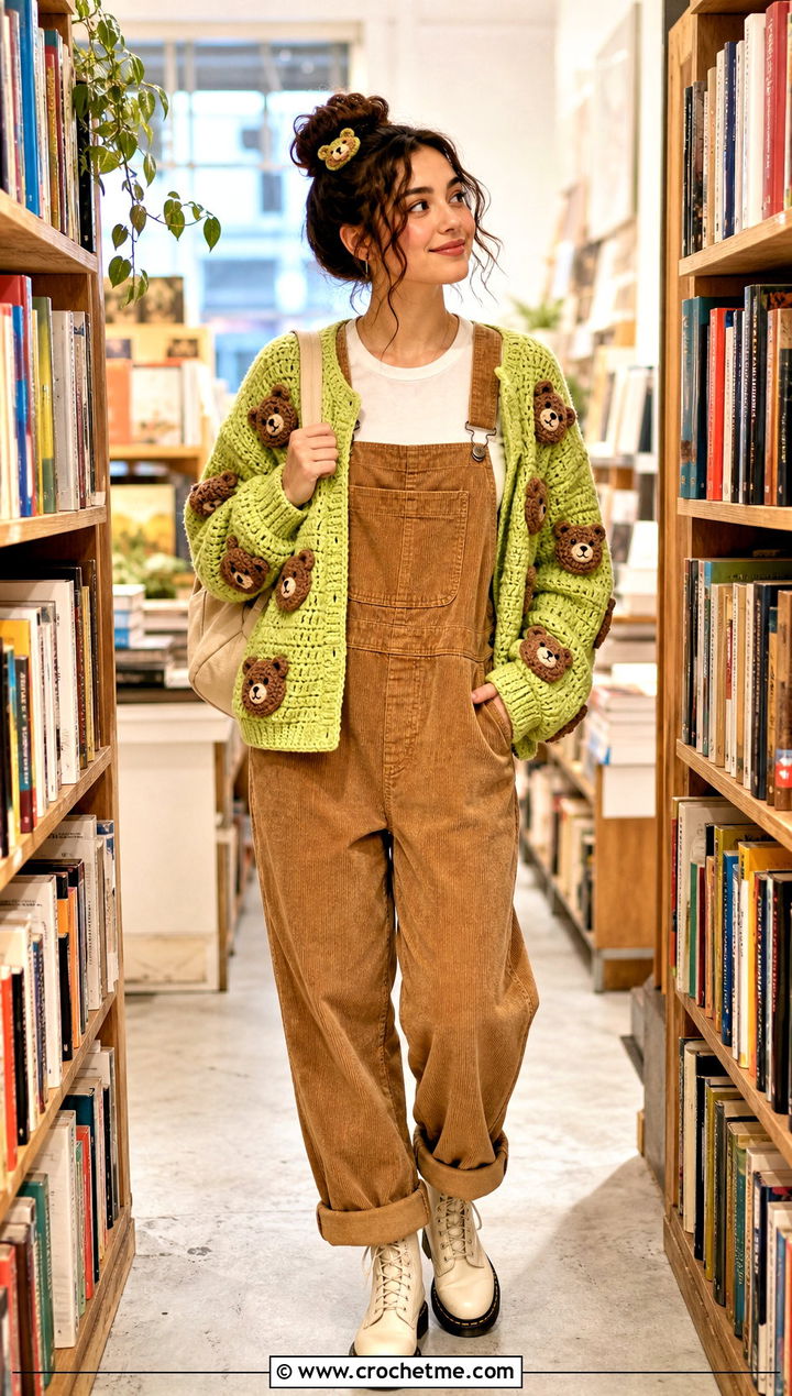 Bear Motif Cardigan With Corduroy Overalls - 25 kawaii crochet cardigan outfit ideas