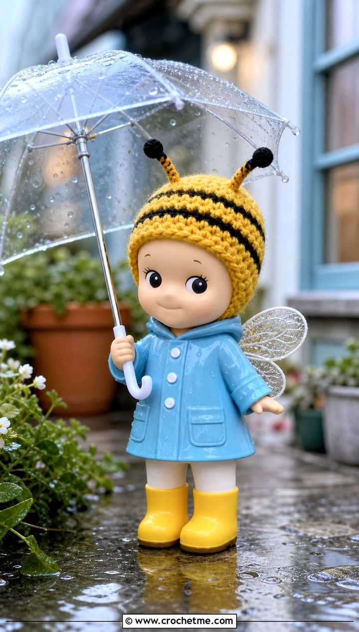 Bee Sonny Angel Crochet Hat With Striped Raincoat - 30 sonny angel crochet hat outfit ideas