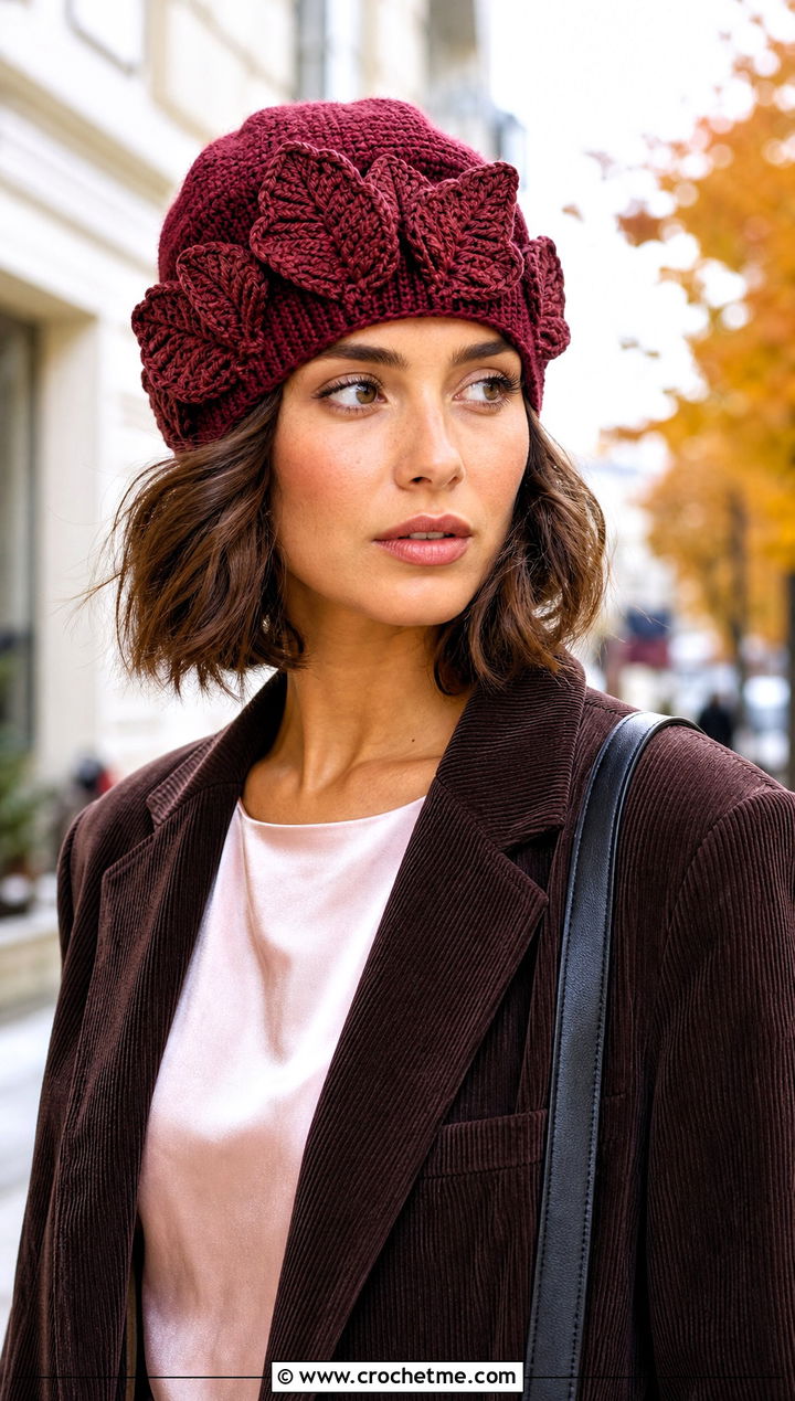 Beetroot Leaf Beanie With Corduroy Suit - 25 Crochet Leaf Hat outfit ideas