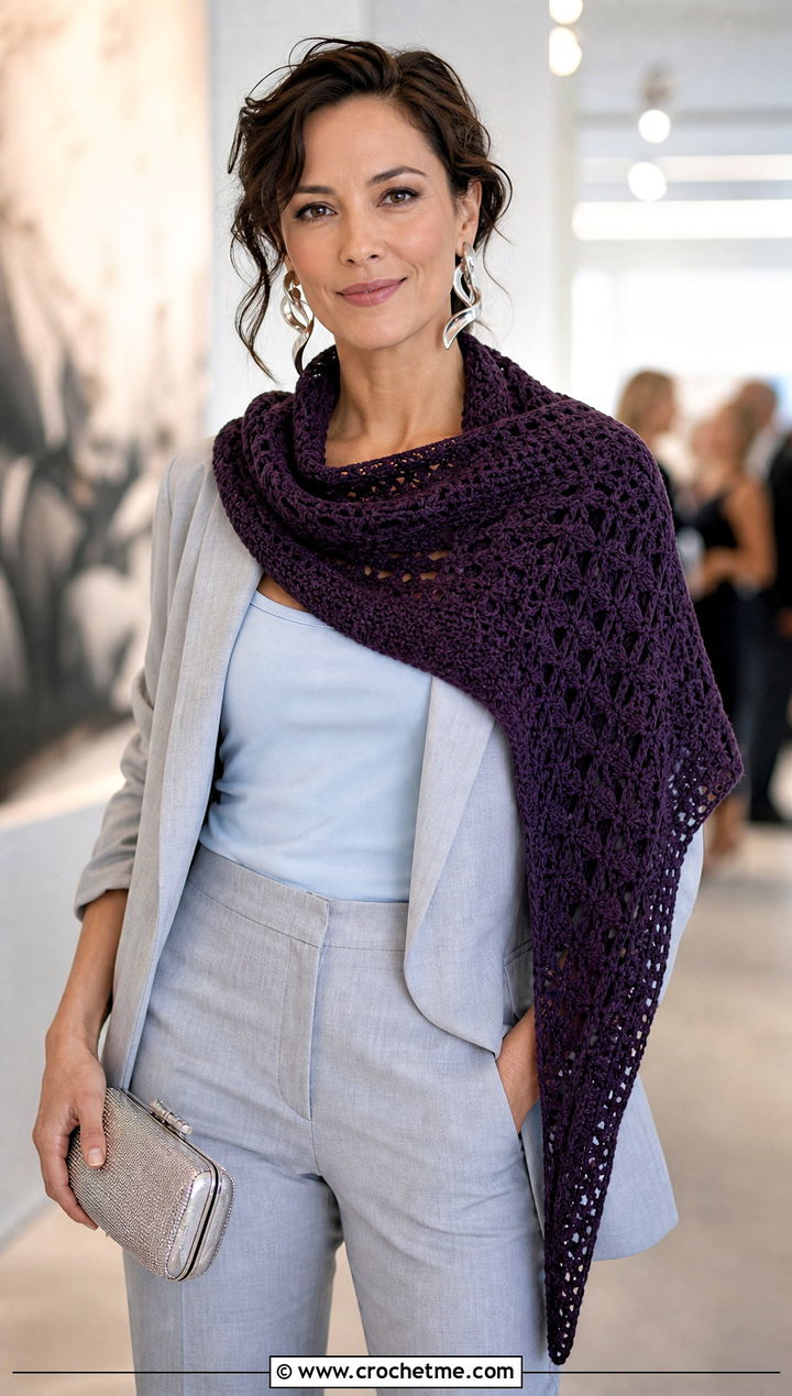 Beginner Asymmetrical Triangle Crochet Shawl With Pantsuit - 15 Beginner Triangle Crochet Shawl outfit ideas