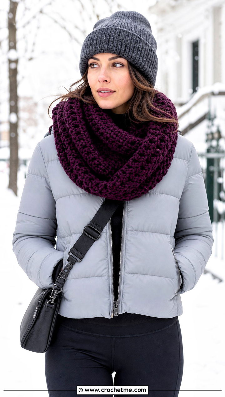 Beginner Chunky Infinity Scarf With Puffer Jacket And Leggings - 20 Beginner Crochet Infinity Scarf outfit ideas