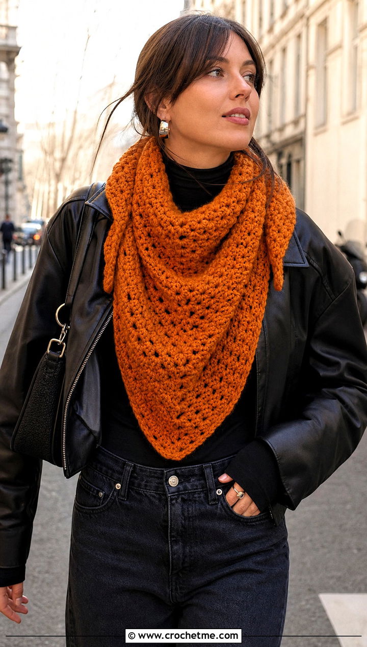Beginner Chunky Triangle Crochet Shawl With Leather Jacket - 15 Beginner Triangle Crochet Shawl outfit ideas