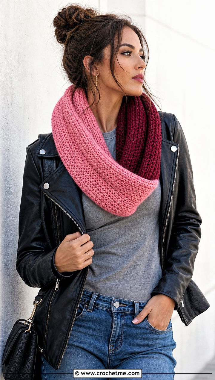 Beginner Color Block Infinity Scarf With Leather Jacket - 20 Beginner Crochet Infinity Scarf outfit ideas