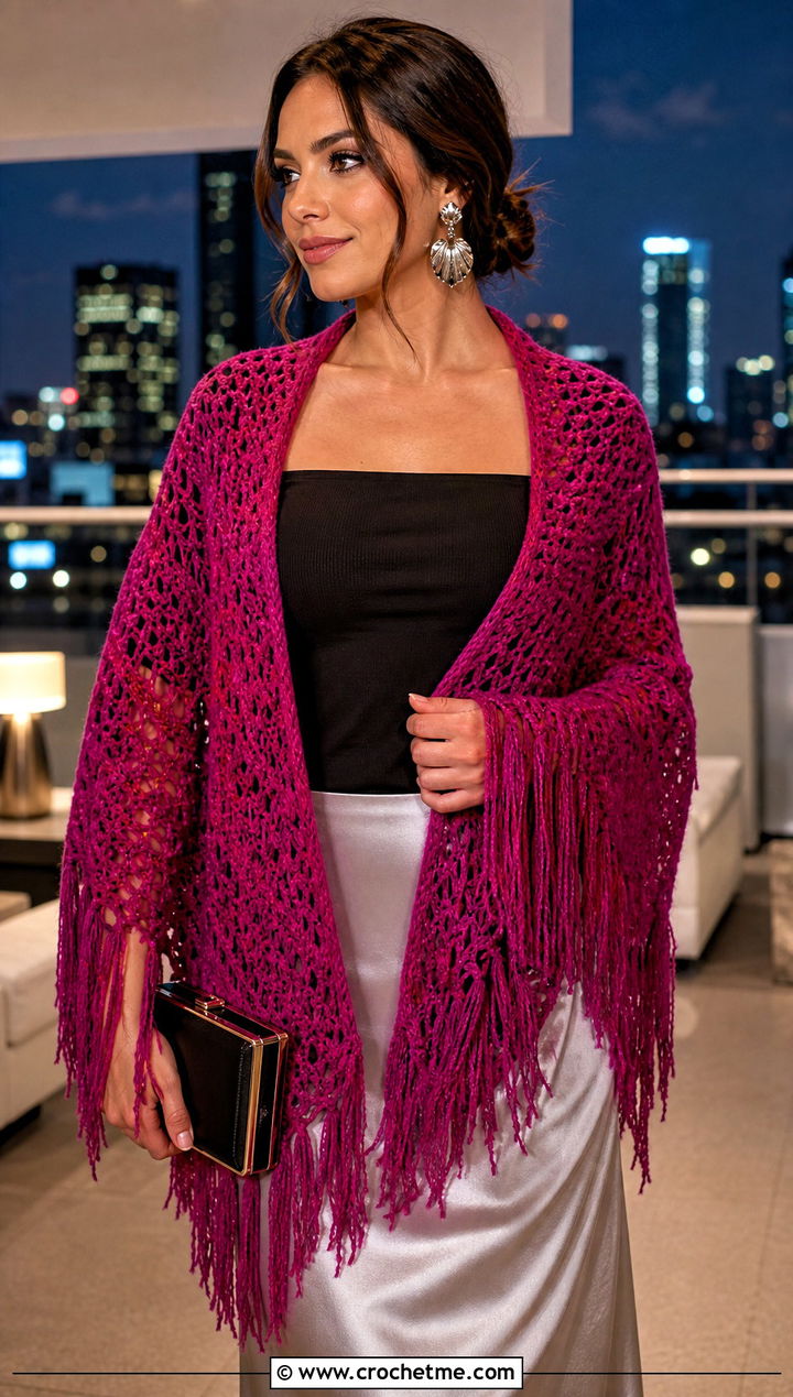 Beginner Fringe Triangle Crochet Shawl With Satin Skirt - 15 Beginner Triangle Crochet Shawl outfit ideas