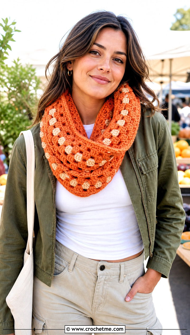 Beginner Granny Stitch Infinity Scarf With Cargo Pants - 20 Beginner Crochet Infinity Scarf outfit ideas