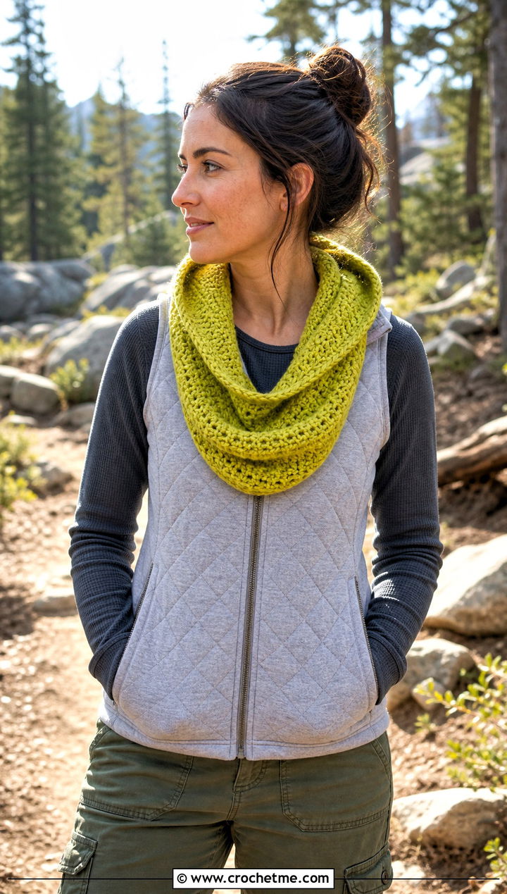 Beginner Hooded Infinity Scarf With Quilted Vest - 20 Beginner Crochet Infinity Scarf outfit ideas