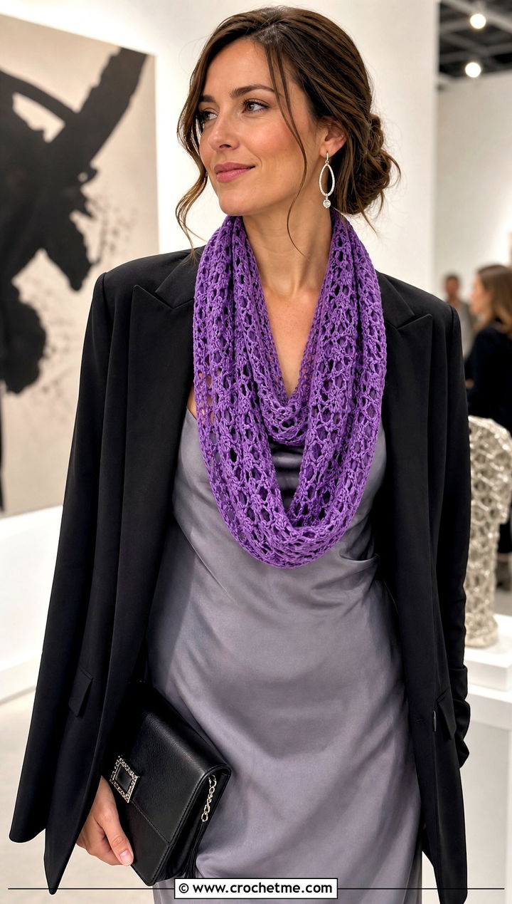 Beginner Lace Infinity Scarf With Slip Dress And Blazer - 20 Beginner Crochet Infinity Scarf outfit ideas