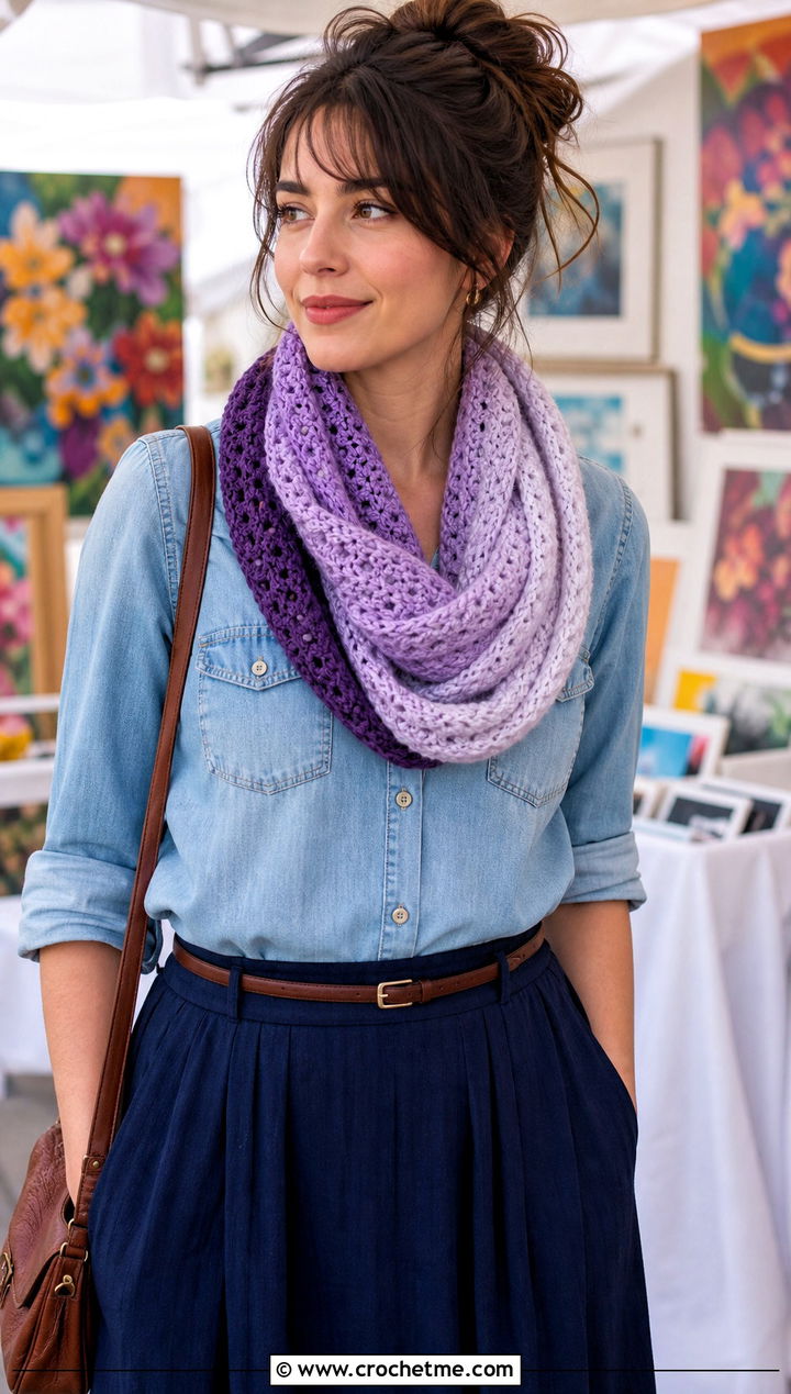 Beginner Ombre Infinity Scarf With Denim Shirt And Maxi Skirt - 20 Beginner Crochet Infinity Scarf outfit ideas