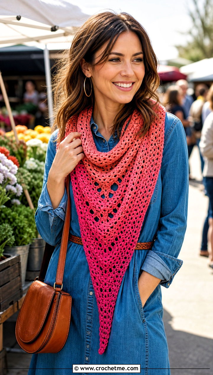 Beginner Ombre Triangle Crochet Shawl With Denim Dress - 15 Beginner Triangle Crochet Shawl outfit ideas