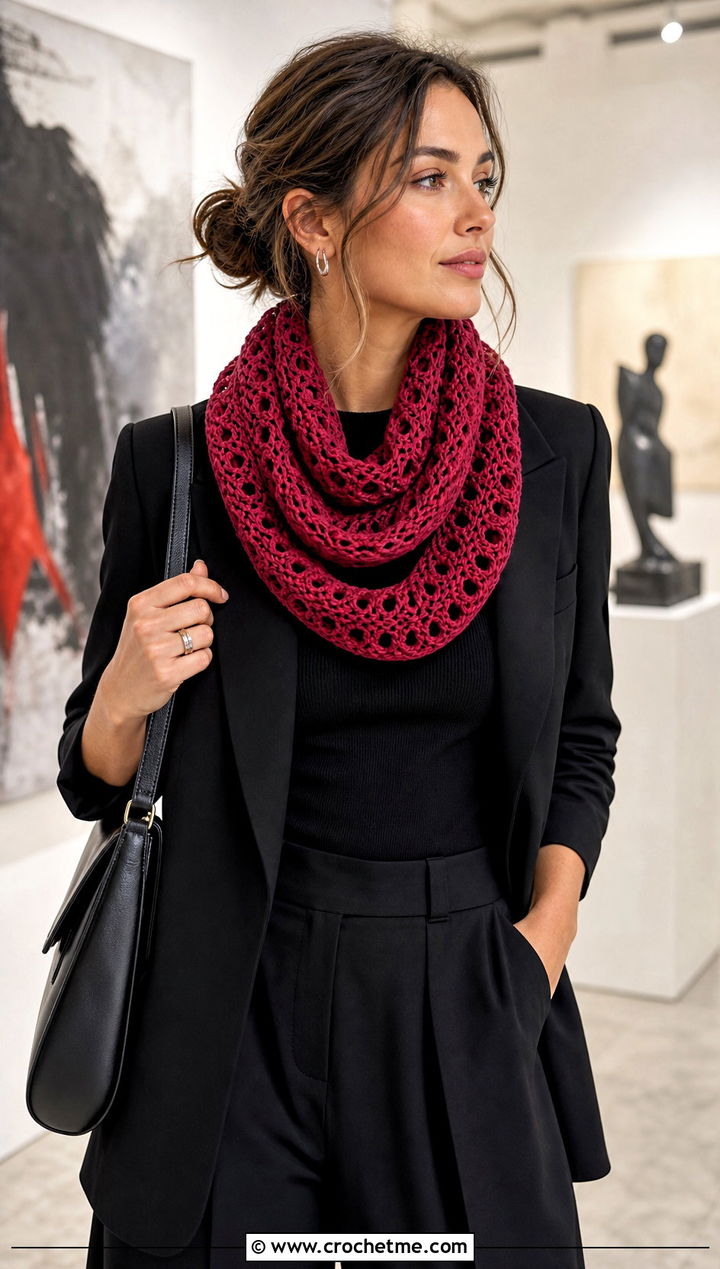 Beginner Openwork Infinity Scarf With Monochrome Outfit - 20 Beginner Crochet Infinity Scarf outfit ideas