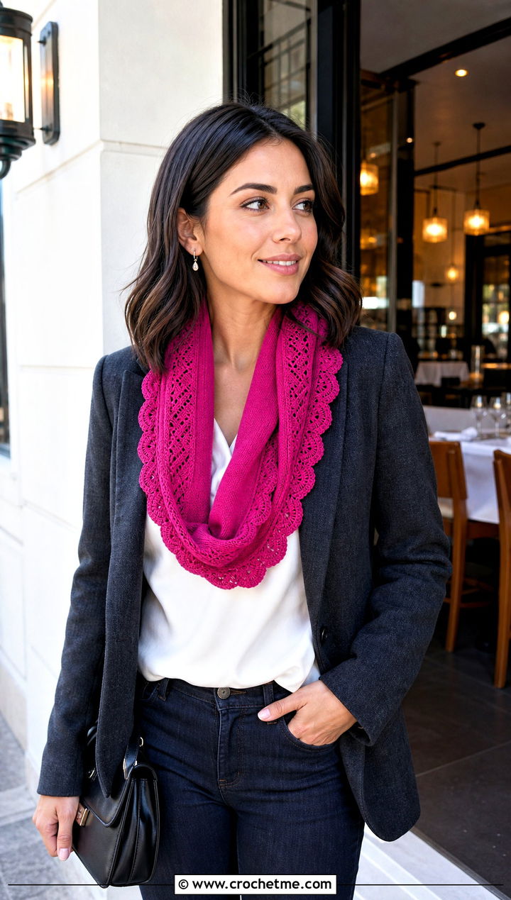 Beginner Scalloped Edge Infinity Scarf With Satin Blouse - 20 Beginner Crochet Infinity Scarf outfit ideas