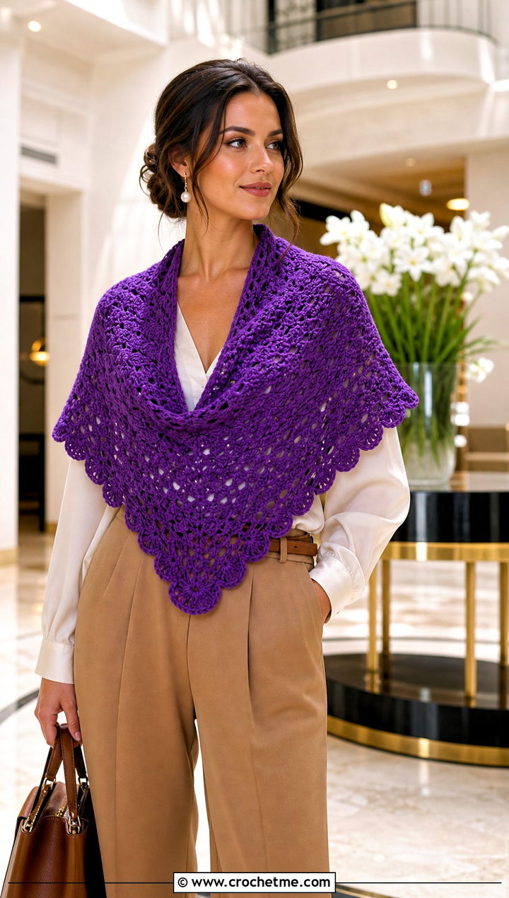 Beginner Scalloped Edge Triangle Crochet Shawl With Wide Leg Pants - 15 Beginner Triangle Crochet Shawl outfit ideas