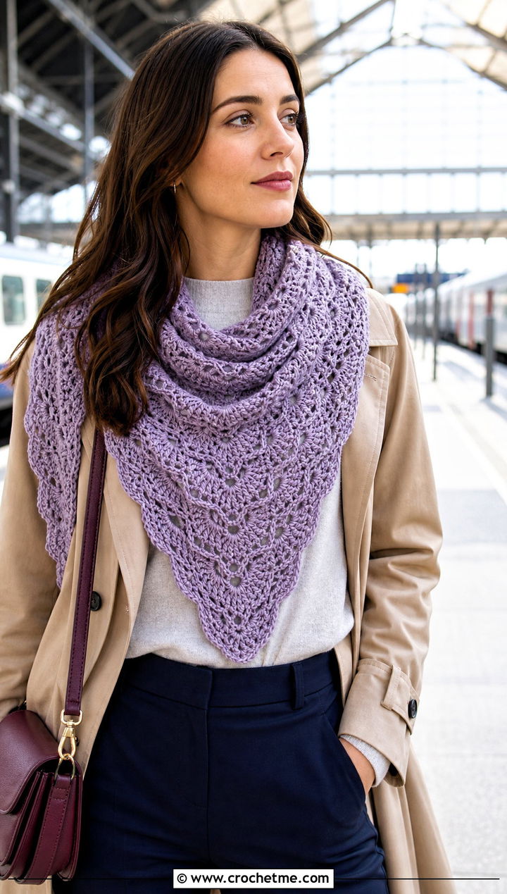 Beginner Shell Stitch Triangle Crochet Shawl With Trench Coat - 15 Beginner Triangle Crochet Shawl outfit ideas