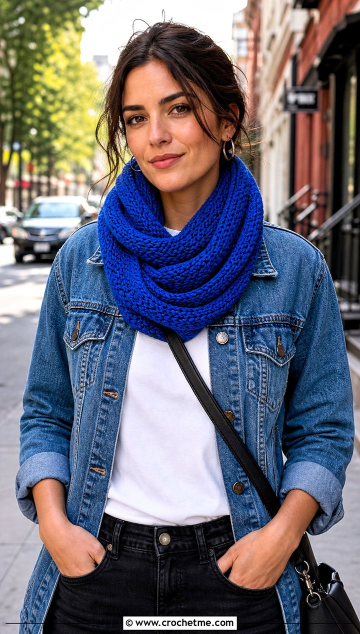 Beginner Single Crochet Infinity Scarf With Denim Jacket - 20 Beginner Crochet Infinity Scarf outfit ideas