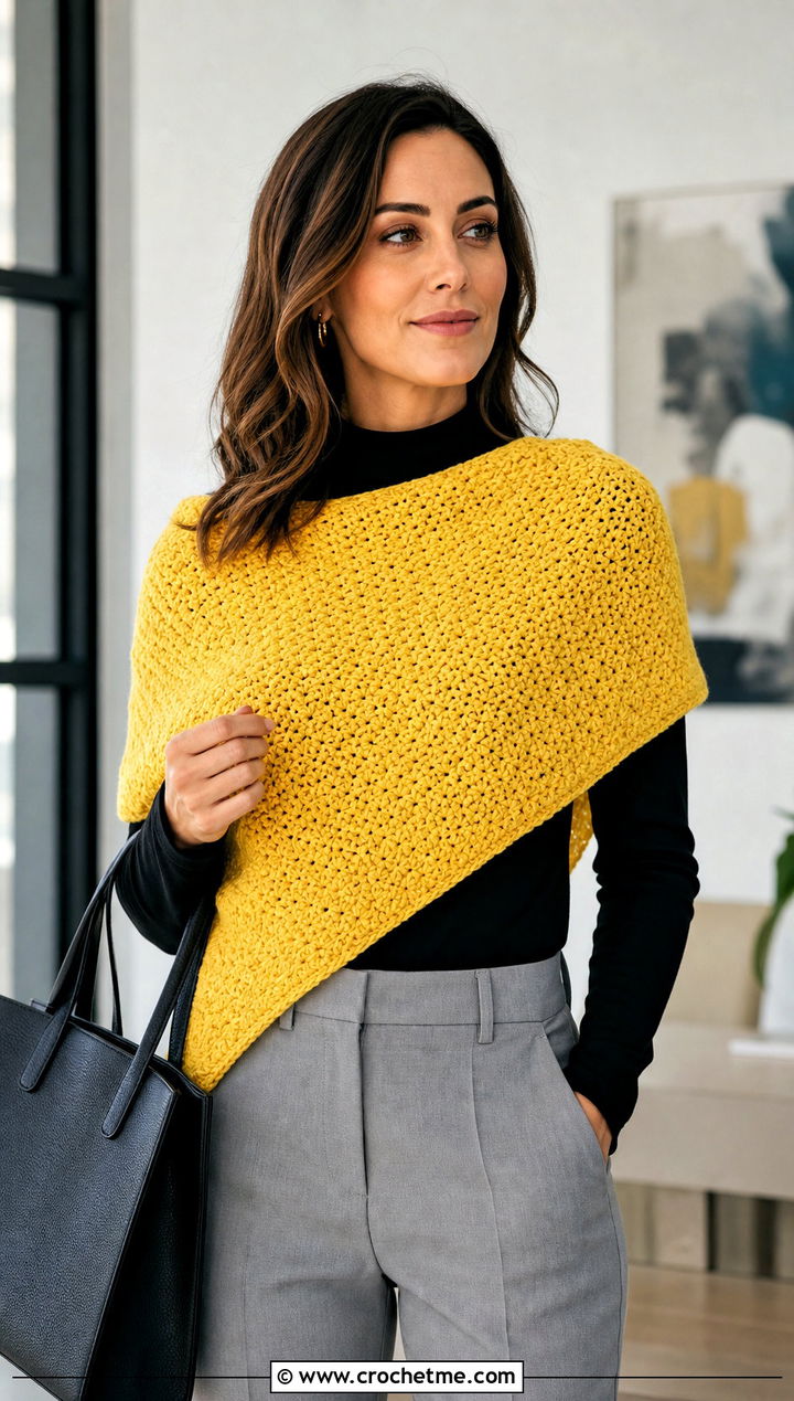 Beginner Solid Double Crochet Triangle Shawl With Tailored Trousers - 15 Beginner Triangle Crochet Shawl outfit ideas