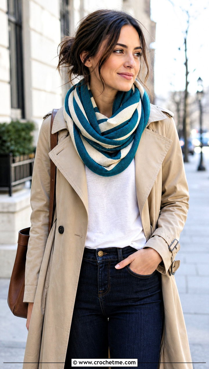Beginner Striped Infinity Scarf With Trench Coat And Jeans - 20 Beginner Crochet Infinity Scarf outfit ideas