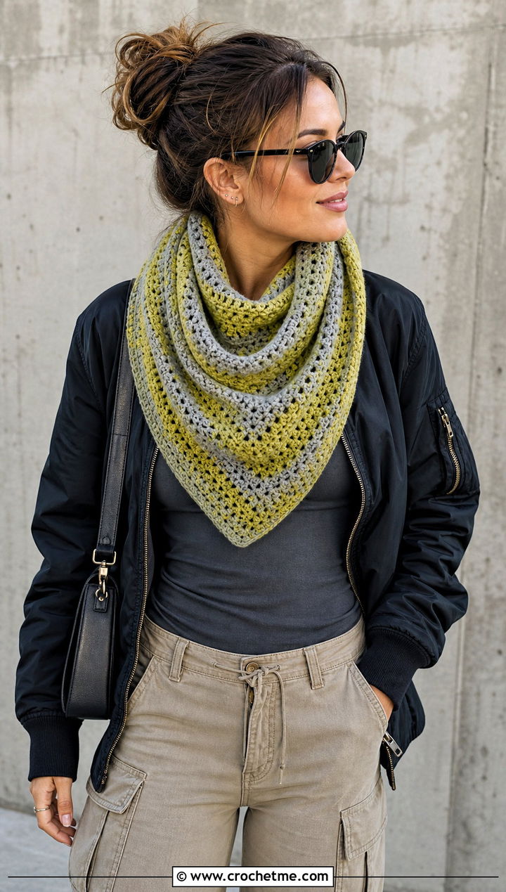 Beginner Striped Triangle Crochet Shawl With Cargo Pants - 15 Beginner Triangle Crochet Shawl outfit ideas