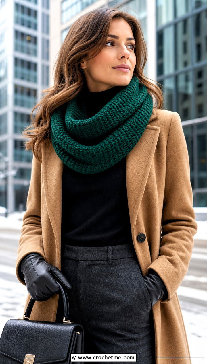 Beginner Tunisian Crochet Infinity Scarf With Wool Coat - 20 Beginner Crochet Infinity Scarf outfit ideas
