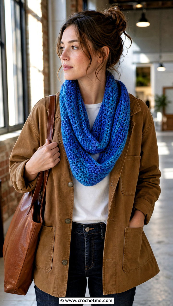 Beginner Variegated Infinity Scarf With Chore Jacket - 20 Beginner Crochet Infinity Scarf outfit ideas
