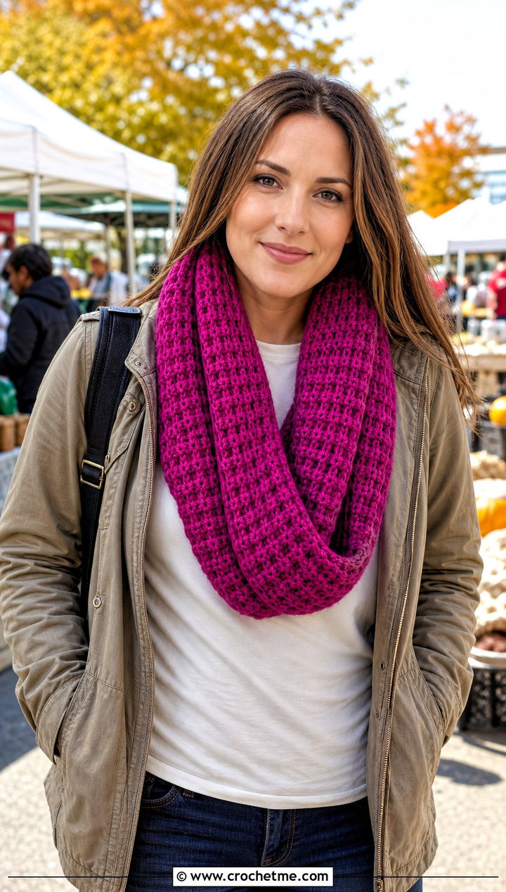 Beginner Waffle Stitch Infinity Scarf With Utility Jacket - 20 Beginner Crochet Infinity Scarf outfit ideas