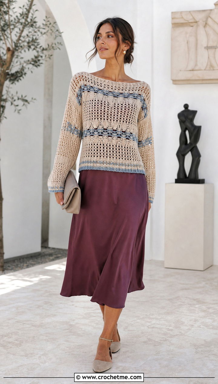Beige Boat Neck Crochet Sweater Over A Slip Dress - 15 Beige Crochet Sweater On Hanger outfit ideas