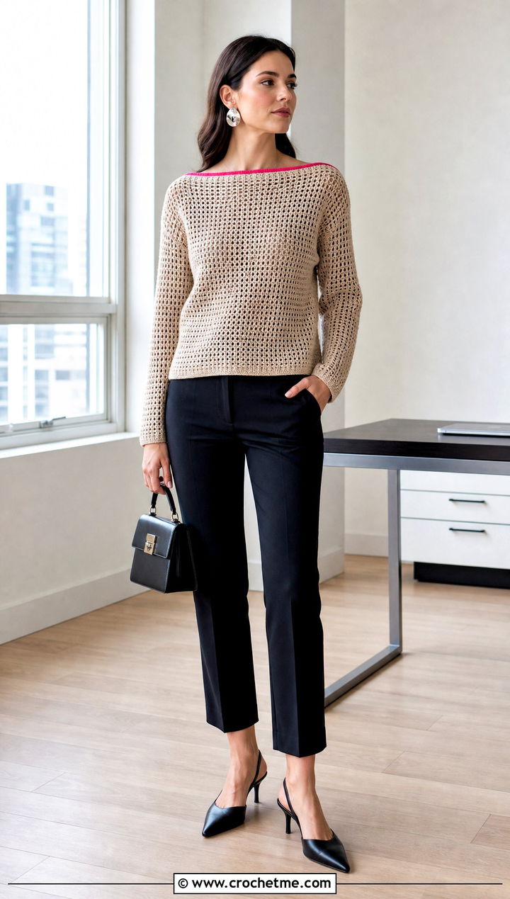 Beige Boat Neck Crochet Sweater With Cigarette Pants - 15 Beige Crochet Sweater On Wooden Floor outfit ideas