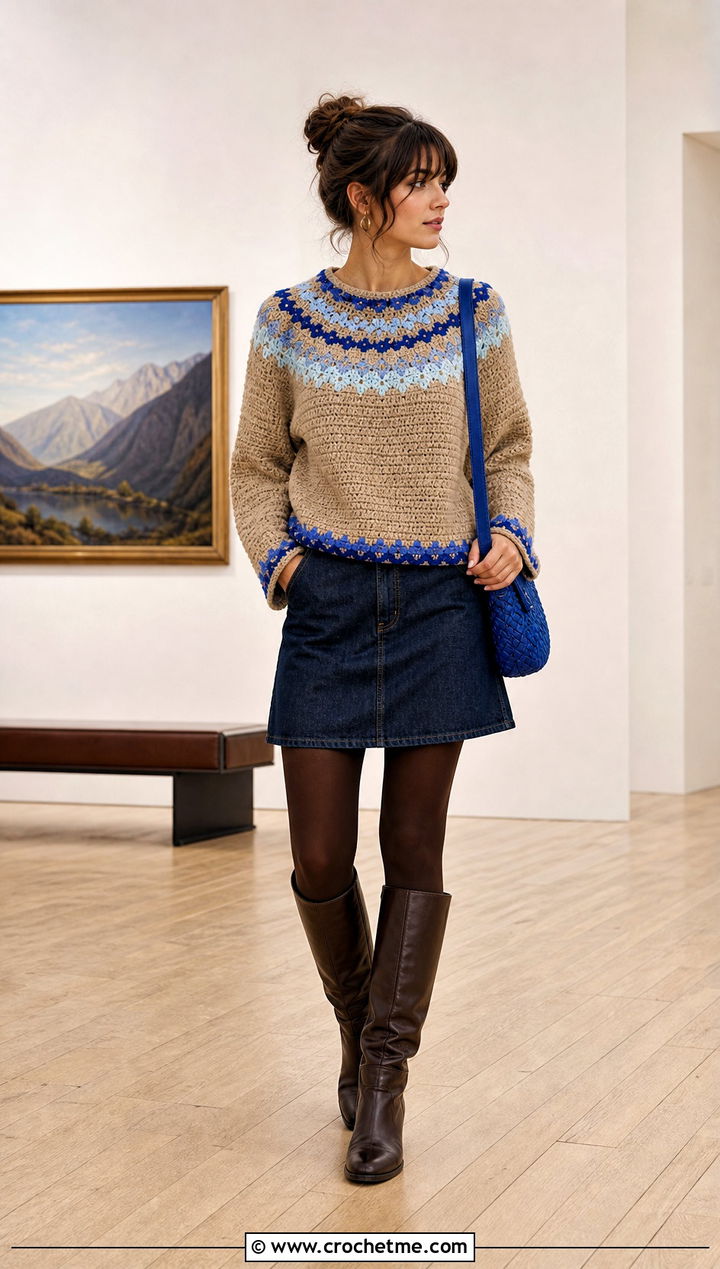 Beige Circular Yoke Sweater With Denim Mini Skirt - 15 Beige Crochet Sweater On Wooden Floor outfit ideas