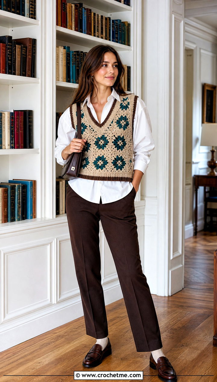 Beige Crochet Sweater Vest With Button Down Shirt - 25 Brown And Beige Crochet Sweater outfit ideas