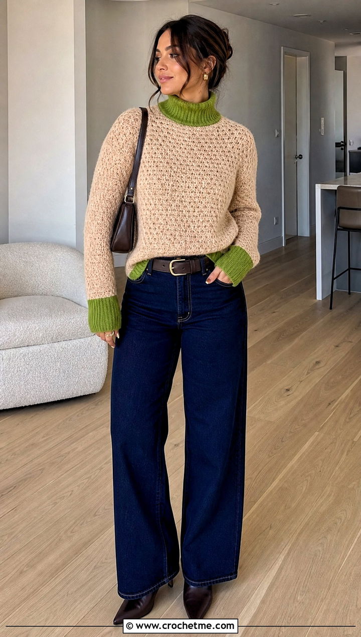Beige Crochet Turtleneck Sweater With Wide Leg Jeans - 15 Beige Crochet Sweater On Wooden Floor outfit ideas