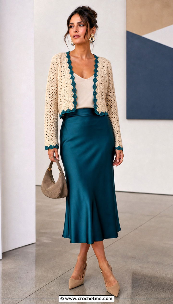 Beige Cropped Crochet Sweater With Satin Midi Skirt - 15 Beige Crochet Sweater On Hanger outfit ideas