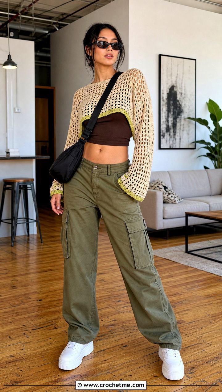 Beige Cropped Mesh Sweater With Cargo Pants - 15 Beige Crochet Sweater On Wooden Floor outfit ideas