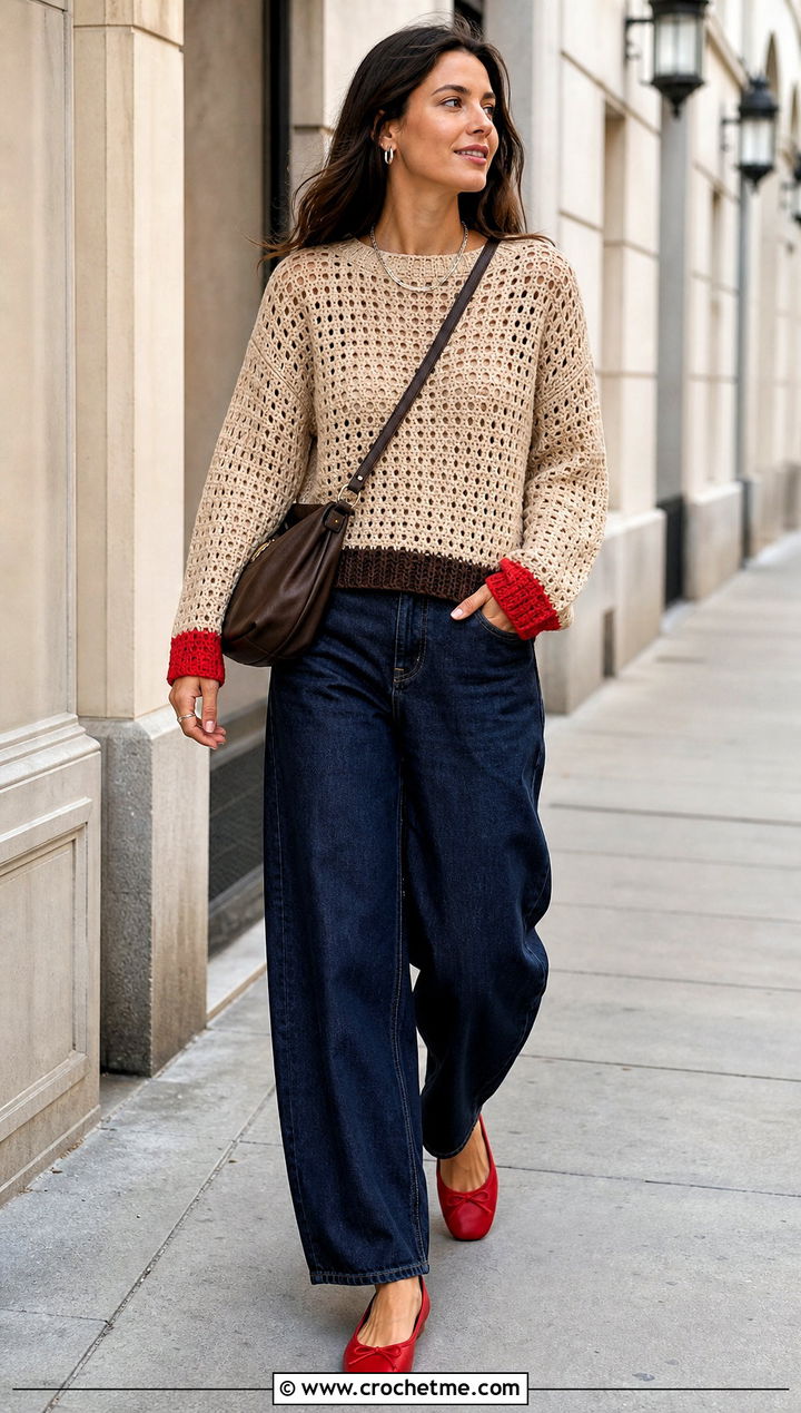 Beige Drop Shoulder Crochet Sweater With Barrel Jeans - 25 Brown And Beige Crochet Sweater outfit ideas