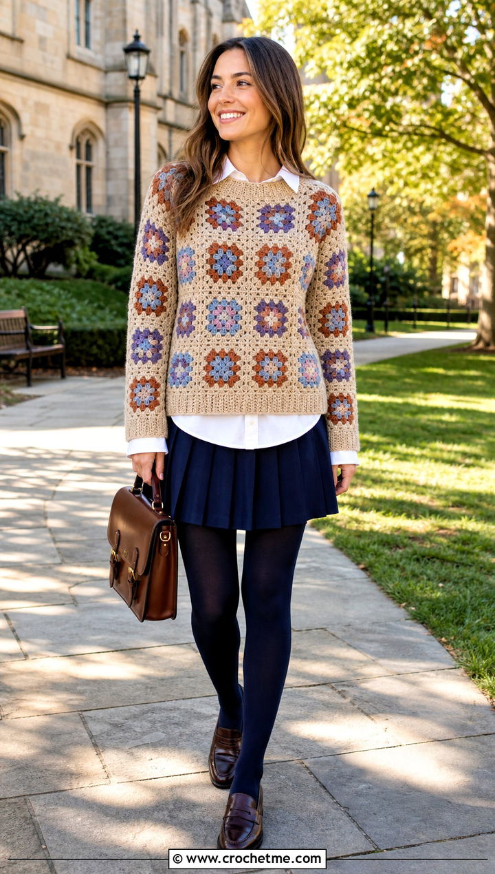 Beige Granny Square Crochet Sweater With Pleated Skirt - 15 Beige Crochet Sweater On Hanger outfit ideas