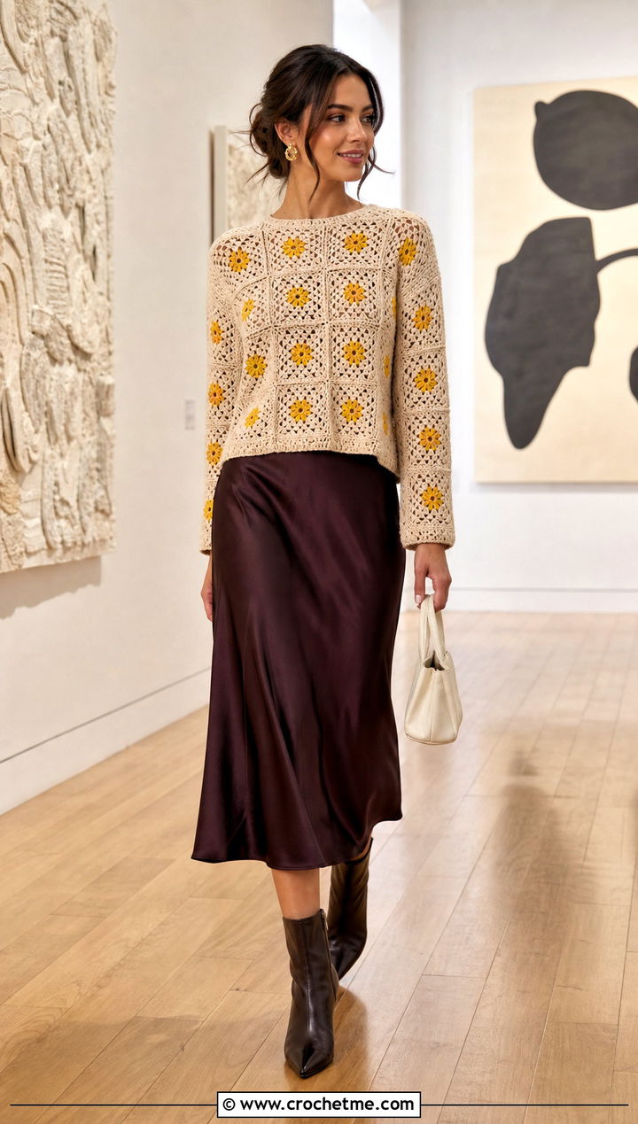 Beige Granny Square Sweater With Satin Midi Skirt - 15 Beige Crochet Sweater On Wooden Floor outfit ideas