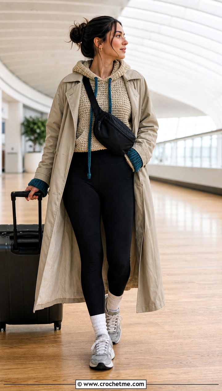 Beige Hooded Crochet Sweater With Leggings And Trench Coat - 15 Beige Crochet Sweater On Wooden Floor outfit ideas