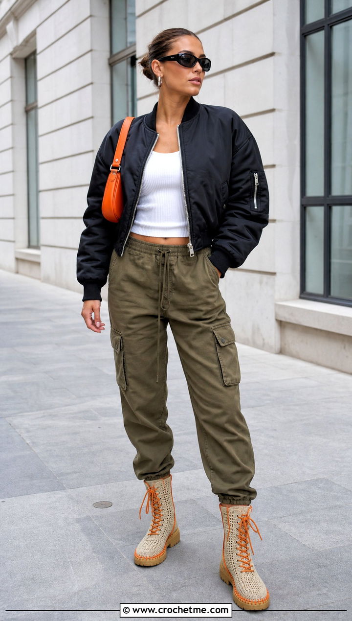 Beige Lace Up Crochet Boots With Cargo Pants - 15 beige crochet boots outfit ideas