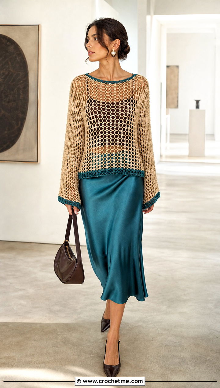 Beige Mesh Crochet Sweater With Satin Midi Skirt - 25 Brown And Beige Crochet Sweater outfit ideas