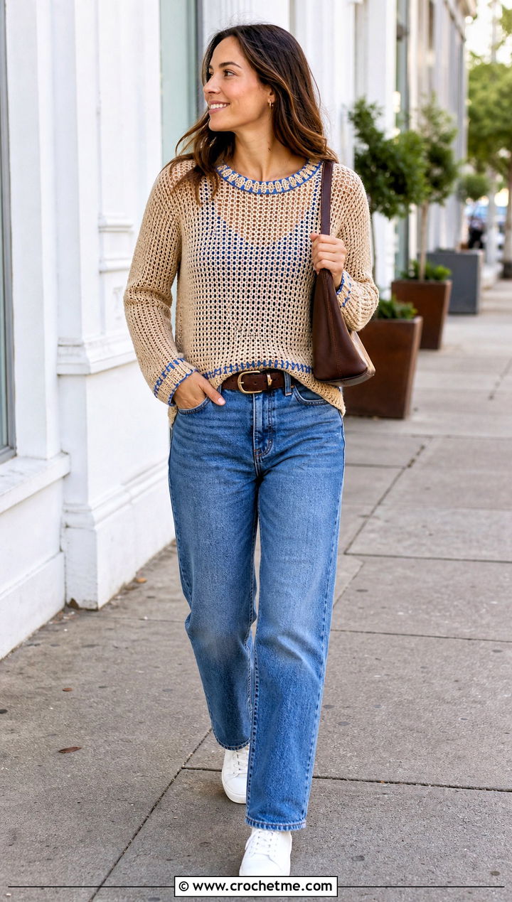 Beige Openwork Crew Neck Crochet Sweater With Straight Jeans - 15 Beige Crochet Sweater On Hanger outfit ideas