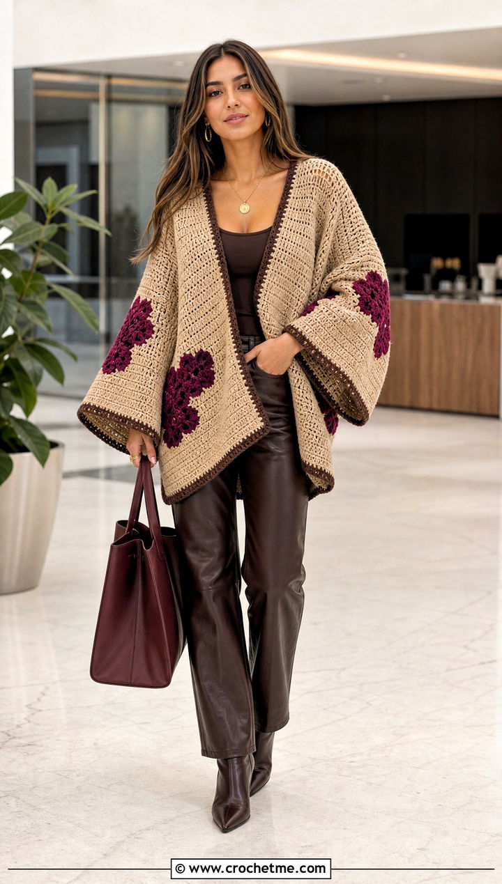 Beige Oversized Crochet Sweater With Leather Pants - 25 Brown And Beige Crochet Sweater outfit ideas