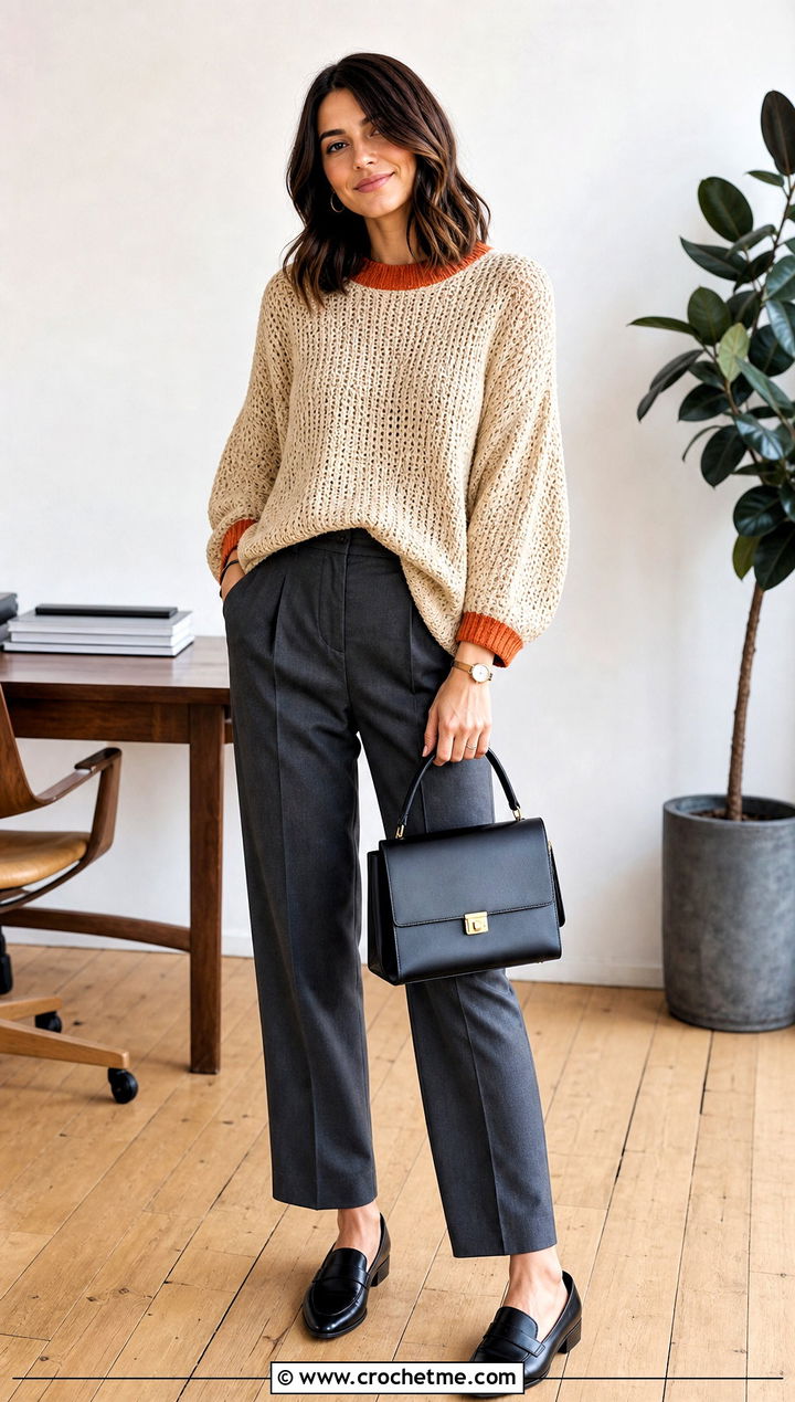 Beige Oversized Drop Shoulder Sweater With Tailored Trousers - 15 Beige Crochet Sweater On Wooden Floor outfit ideas